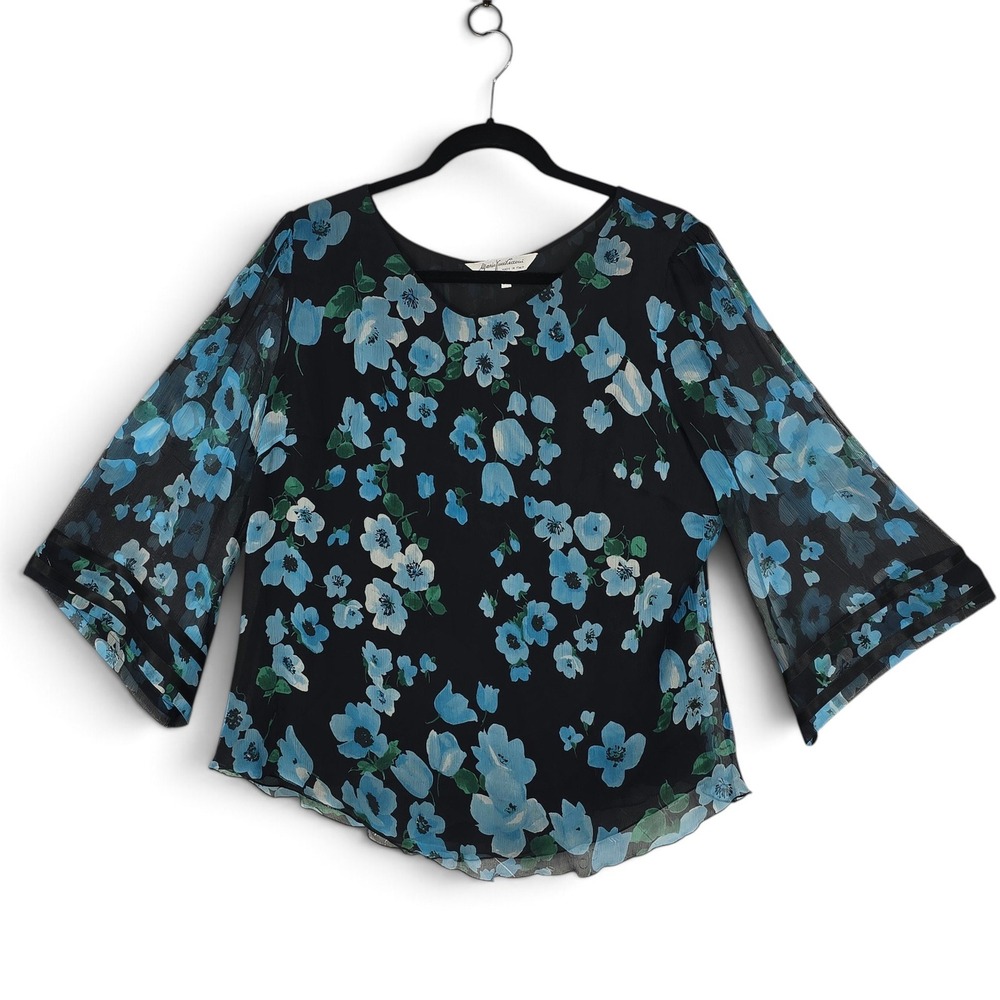Mario Fucci Cecconi Silk Blouse Women Medium Floral Black Blue Bell Sleeve Italy